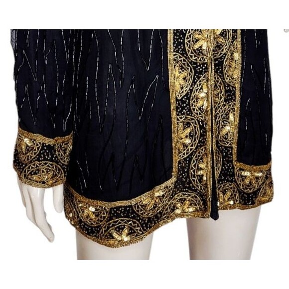 Vintage 80s 90s Royal Feelings 100% Silk Gold Beaded Sequined Jacket Size L/XL - Picture 4 of 10